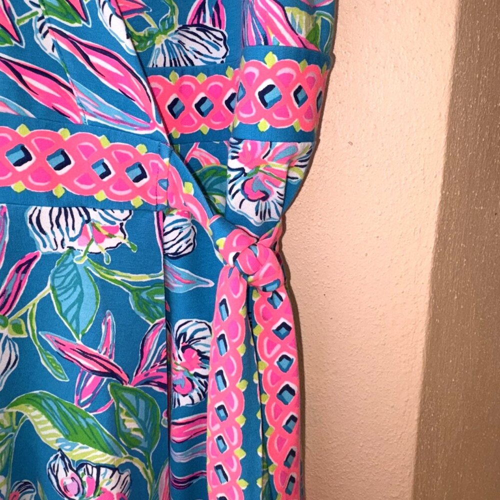 Lilly Pulitzer Clancie Wrap Dress Medium Formentera Turquoise Keep on Beleafing - Picture 4 of 12